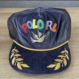 Rare NWT Polo Ralph Lauren Navy Corduroy Peace Love Dove Trucker Hat Cap